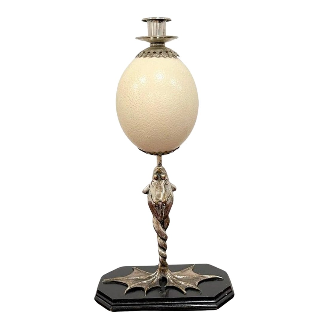 20th Century Anthony Redmile Silverplated Figural Frog Mounted Ostrich Egg Candlestick: Anthony Redmile Silverplated Figural Frog Mounted Ostrich Egg Candlestick Stamped 'Redmile London' London, Circa 1970s Fashioned as a standing a 17.5 -inch high silverplated -brass frog with intertwin