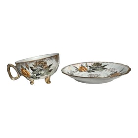 Vintage Iridescent Lusterware 3 Footed Floral Teacup & Saucer