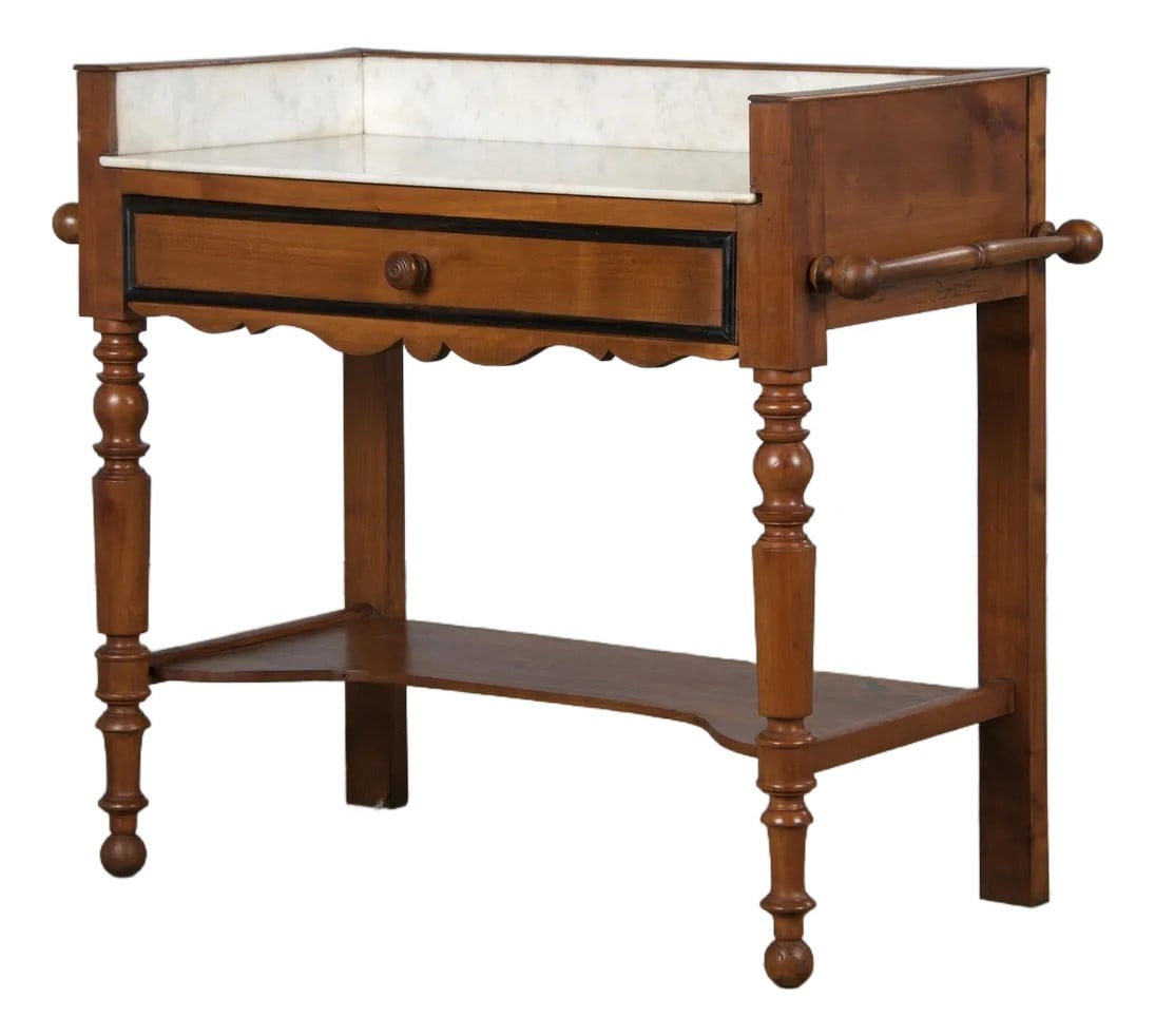 Antique French Louis Philippe Provincial Maple Wash Table or Vanity W/ White Marble Top: A charming late 19th-century French Provincial wash table or vanity, made in the style of Louis Philippe and sourced directly from Provence, France. Beautifully hand-crafted from solid maple wood and