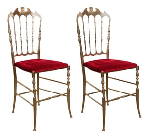 1950s Vintage Italian Polished Brass Red Velvet Chiavari Chairs- a Pair