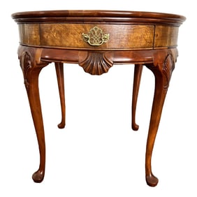 Vintage Baker Furniture Queen Anne Burl Walnut Round Accent Table With Shell Motif