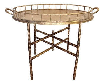 Vintage Mid-Century Faux Bamboo Brass Oval Tray Table With Folding Stand, in the Manner of Maison Ba