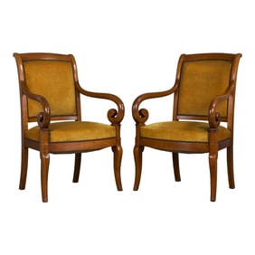 Antique French Louis Philippe Style Walnut Armchairs W/ Golden Yellow Velvet - a Pair