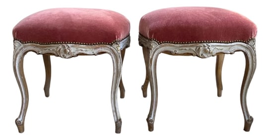 Pair of 19th Century French Provincial Mohair Footstools - Carved Serpentine Frames & Dusty Rose U