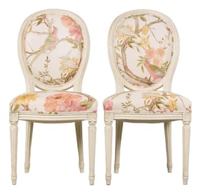 Antique French Louis XVI Style Painted Side Chairs in Pink Chinoiserie Fabric - A Pair