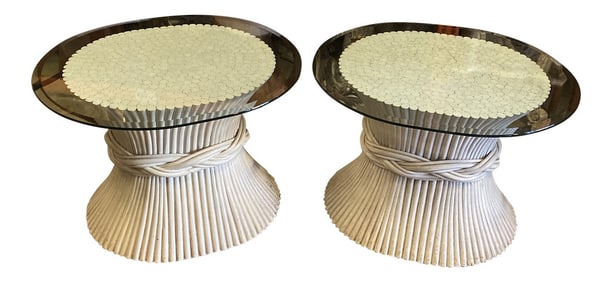 1970s McGuire White Wheat Side Tables - a Pair