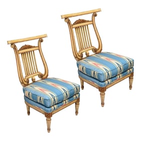 Pair French Lyre Back Painted Slipper Chairs, Blue Silk Irate Fabric