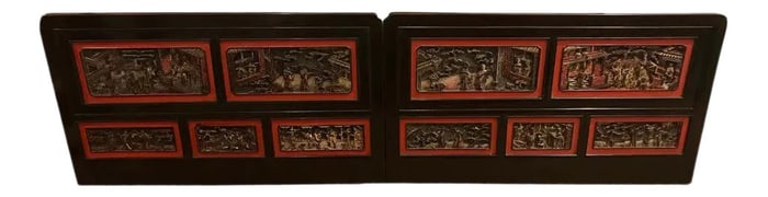 Late 19th Century Chinese Carved Panels/ Twin Headboards - a Pair