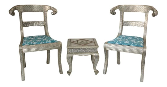 Anglo-Indian Silvered Wrapped Clad Side Chairs and Table - Set of 3