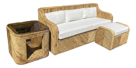 1970s Vintage Split Reed Rattan Sofa, Ottoman & Side Table, a Set of 3