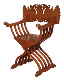 Anglo-Indian Savonarola-Type Brass Inlaid Armchair