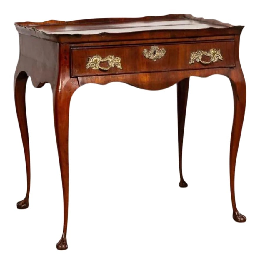 C. 1780 George III Period Fruitwood Tea Table: Georgian fruitwood tea table, having chestnut secondary wood, scalloped tray top, one-drawer, scalloped apron; and rising on slender cabriole legs with claw and ball feet. Approx. h. 29", w. 29", d. 1