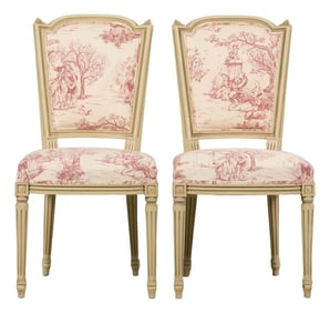 Antique French Louis XVI Style Painted Accent Side Chairs in Rose Toile - A Pair