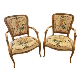 1920s Antique Louis XV Armchairs With Needlepoint Upholstery - Set of 2