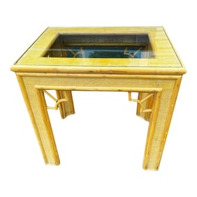 Vintage 1960s Raffia Grasscloth Covered Bamboo Fretwork Side Table