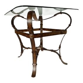 1980s Vintage Hermes Adnet Style Iron Faux Leather Strap Equestrian End Table