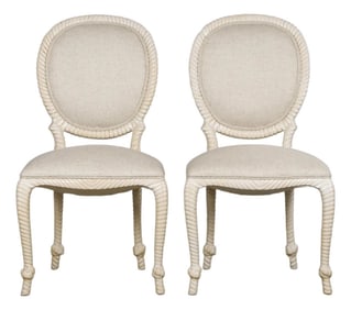 Napoleon III Style Faux Rope Painted Side Chairs in Cream Fabric - A Pair