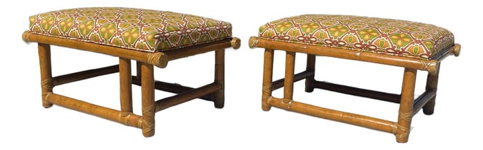 McGuire Vintage Rattan Ottomans/Footstools, a Set of 2 With Tommy Bahama Upholstery