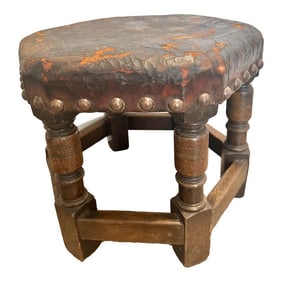 Antique English Hexagonal Leather and Oak Stool