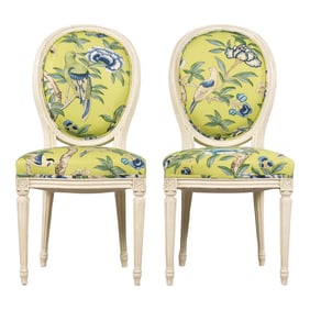 Antique French Louis XVI Style Painted Side Chairs in Green Chinoiserie Fabric - A Pair