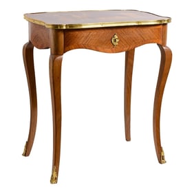 19Th C. French Brass Banded Marquetry Inlay Tea Table With Japanned Motif, C.1880