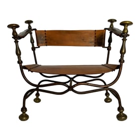 1900s Antique Italian Savonarola Leather Accent Chair