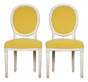 French Louis XVI Style Painted Side Chairs in Lemon Velvet - A Pair