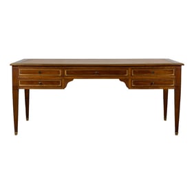 French Louis XVI Neoclassical Style Mahogany Writing Desk W/ Brown Leather Top