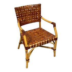 1960s French Modern Bamboo & Woven Saddle Leather Armchair, Circa 1960s