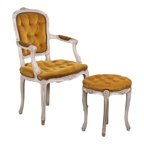 Antique French Louis XV Style Provincial Painted Armchair and Taboret W/ Golden Yellow Buttoned Velv