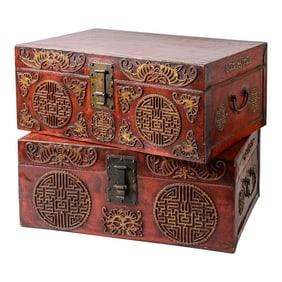 Chinoiserie Antique Chinese Embossed Pigskin Trunks, Set of 2