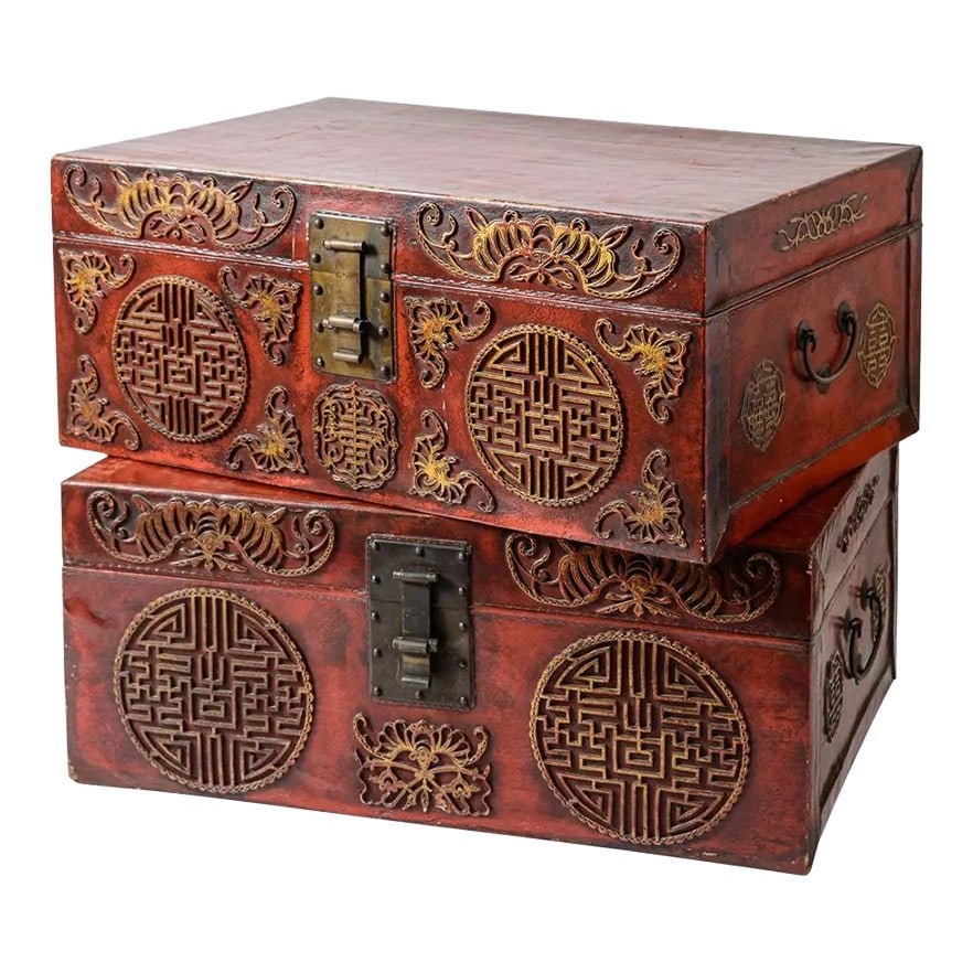 Chinoiserie Antique Chinese Embossed Pigskin Trunks, Set of 2 (1 of 12)