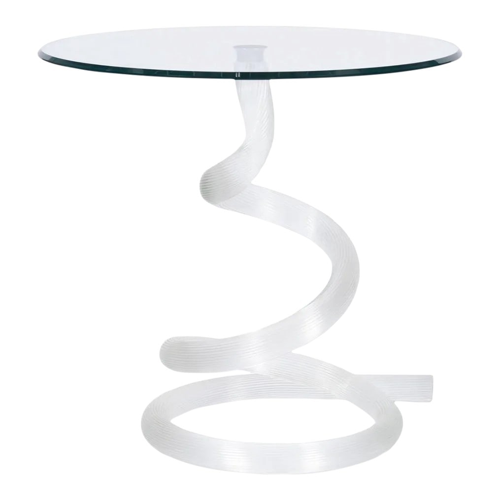 Late 20th Century Murano Glass Side Table in the Style of Ghibli for Roche Bobois: Vintage post-modern 1980s Murano glass side table. This exquisite side table is in the style of Ghibli by Roche Bobois and features a beautiful curving base and circular transparent glass top. Conditi