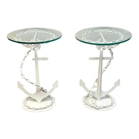 Mid 20th Century Post WWII Modern Wrought Iron Anchor & Chain Yacht Side Tables - A Pair