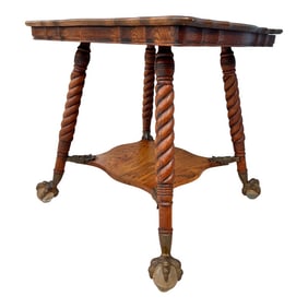 Antique Tiger Oak Table With Twisted Legs & Claw With Glass Ball Feet