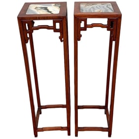 Mid 20th Century Chinese Export Hardwood and Marble Pedestals - a Pair