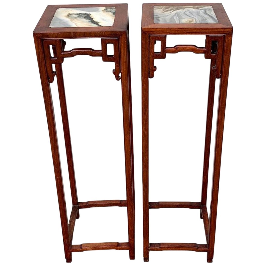 Mid 20th Century Chinese Export Hardwood and Marble Pedestals - a Pair
