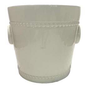 1970s Italian White Ceramic Planter Cachepot With Rings and Beaded Bands
