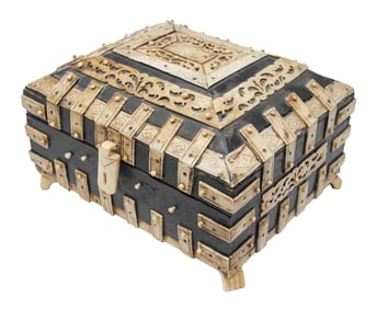 Antique 19th C. Decorative Anglo-Indian Overlay Footed Box With Engraved Bone