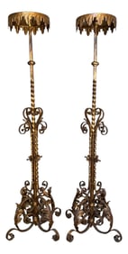 Pair of Gilded Wrought Iron Gothic Candle/Plant Stands or Pedestals