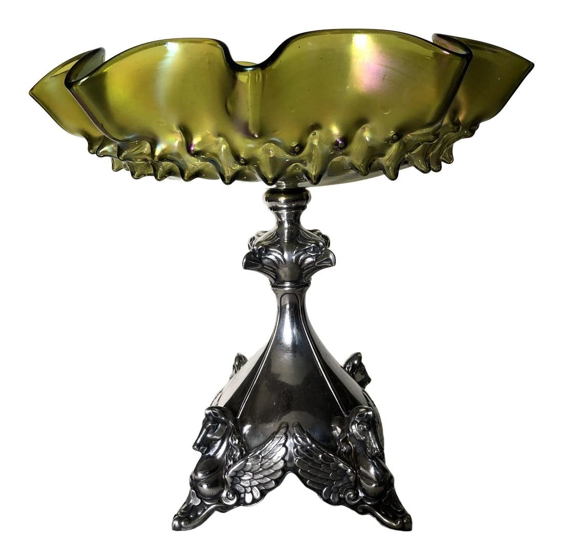 Antique Austrian Loetz-Style Art Glass Centerpiece With 800 Silver Pegasus Mount: Absolutely stunning centerpiece. 800 silver Austrian pegasus and eagle form base with austrian art glass blown out bowl possibly loetz Condition: Alterations: Original Condition Unaltered Imperfection