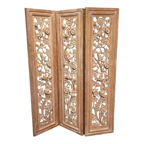 Mid 20th Century Three-Panel Carved Bleached Hardwood Bird Floral Screen, Style of James Mont