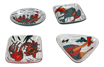Italian Leather Backed Decorative Ceramic Dishes - Set of 4