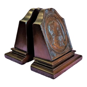 Early 20th Century Wooden Bookends With Portrait of a Man- a Pair