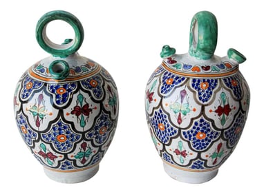 Moorish Ceramic Glazed Water Jug Handcrafted in Fez Morocco - a Pair