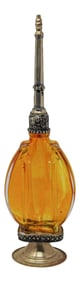 Moroccan Amber Footed Glass Perfume Bottle Sprinkler With Embossed Metal Overlay