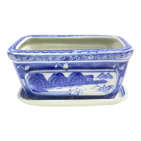 Vintage Small Blue & White Porcelain Ceramic Chinoiserie Planter Cachepot