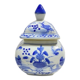 Vintage Blue & White Lidded Koi Fish Chinoiserie Porcelain Ginger Jar