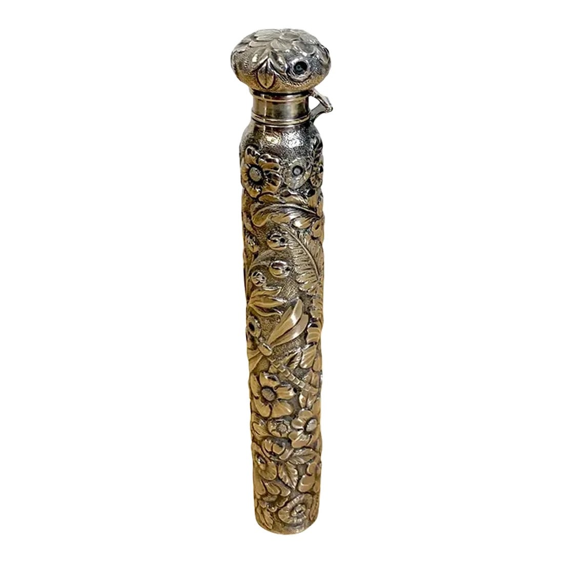 Late 19th Century Large Dominick & Haff Aesthetic Sterling Perfume or Flask With Dragon Fly: Large Dominick & Haff aesthetic sterling perfume or flask with dragon fly, a choice example, a tall profusely repoused with florals and leaves. Complete with locking hinged circular top, with cork int