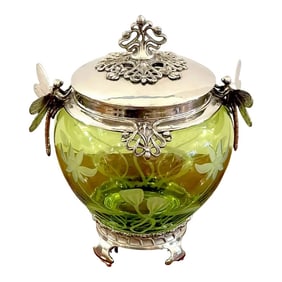 Early 20th Century Wmf Art Nouveau Silverplated Dragonfly Motif & Engraved Green Crystal Box